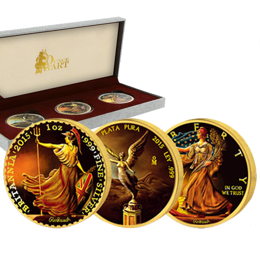 OUNCE OF ART Britannia Libertad Walking Liberty Set 3 x 1 oz Silver Coin United Kingdom Mexico US Mint 2015